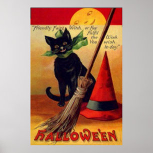 Black Cat Broom Witch's Hat Vollmond Poster