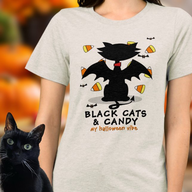 Black Cat & Candy Halloween Vibe Tri-Blend T-Shirt Shirt (All about black cats and candy? Here's your next Halloween Shirt!)