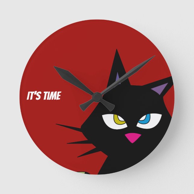 Black Cat Cartoon Runde Wanduhr (Vorderseite)