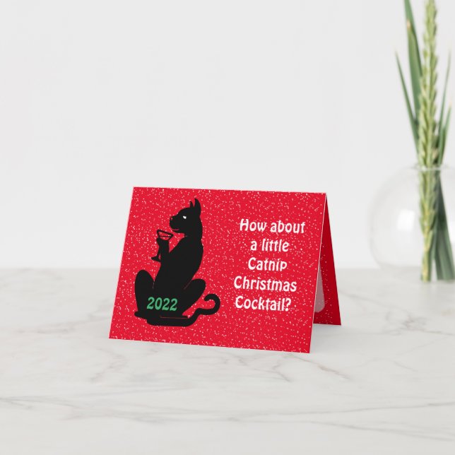 Black Cat Catnip Weihnachtscocktail-Karte Karte (Vorderseite)
