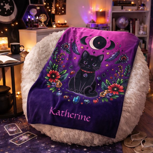 Black Cat Celestial Mystical Purple Pink Fleecedecke (Von Creator hochgeladen)