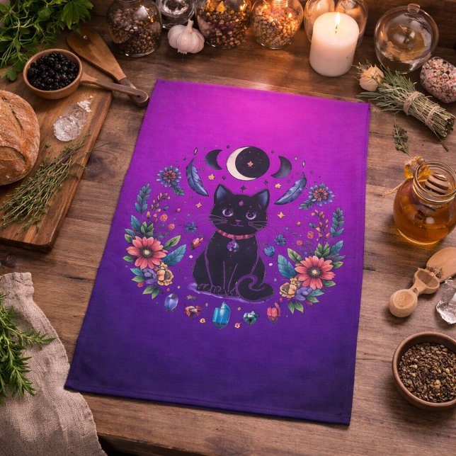 Black Cat Celestial Mystical Purple Pink Geschirrtuch (Von Creator hochgeladen)