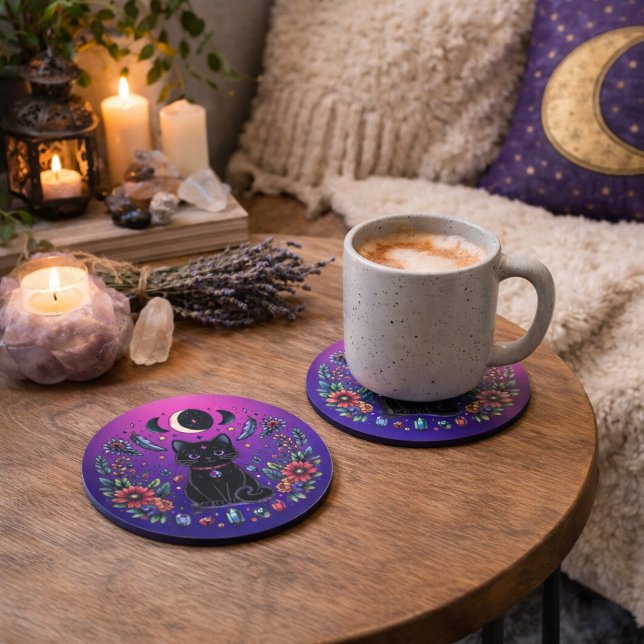 Black Cat Celestial Mystical Purple Pink Getränkeuntersetzer (Von Creator hochgeladen)