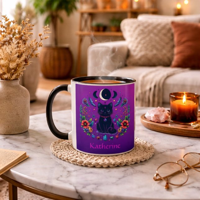Black Cat Celestial Mystical Purple Pink Tasse (Von Creator hochgeladen)