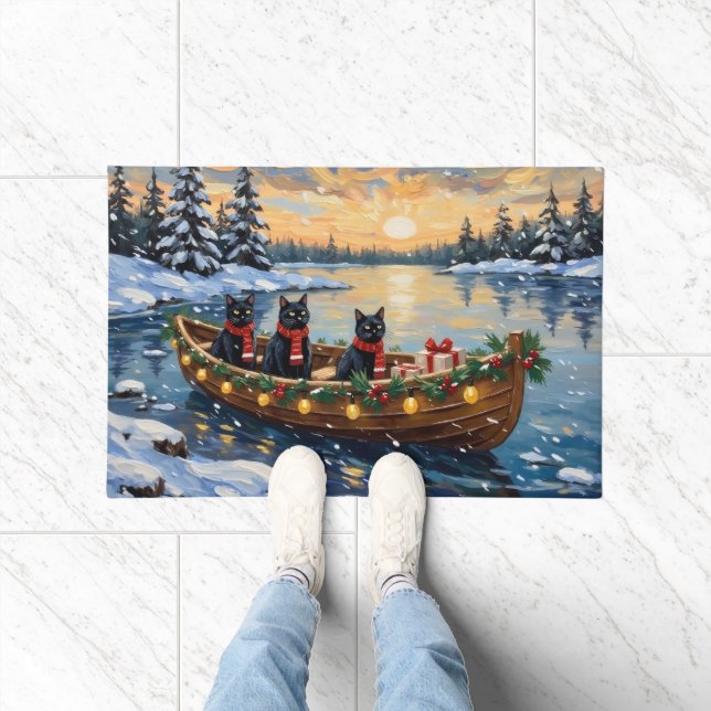 Black Cat Christmas Boat Holiday Fußmatte (Indoor)