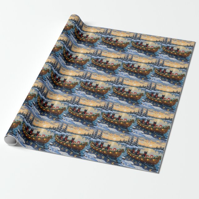 Black Cat Christmas Boat Holiday Geschenkpapier (Ungerollt)