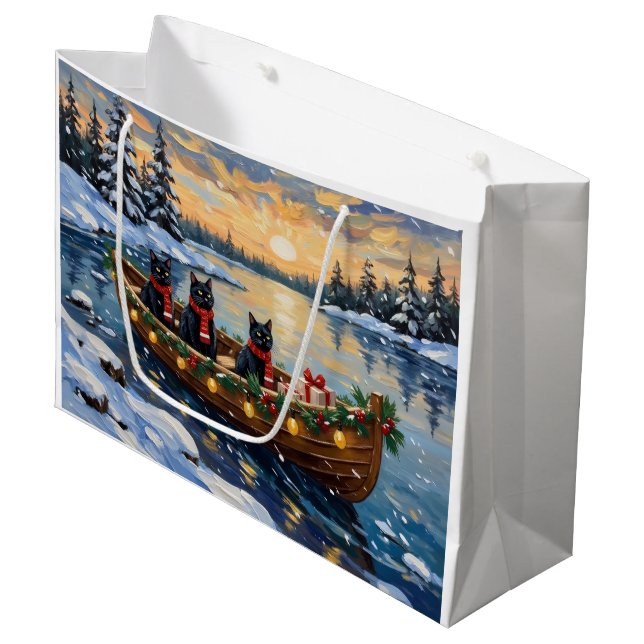 Black Cat Christmas Boat Holiday Große Geschenktüte (Vorderseite Schrägansicht)