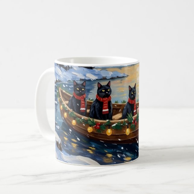 Black Cat Christmas Boat Holiday Kaffeetasse (Vorderseite Links)