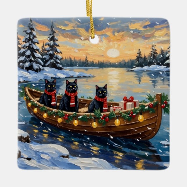 Black Cat Christmas Boat Holiday Keramikornament (Vorderseite)