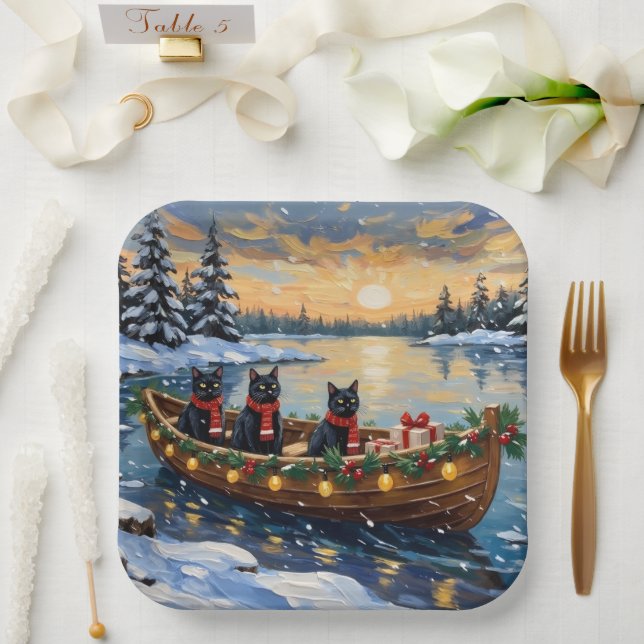 Black Cat Christmas Boat Holiday Pappteller (Hochzeit)
