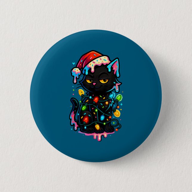 Black Cat Christmas Ice Cream Drip Santa Hat Cute  Button (Vorderseite)
