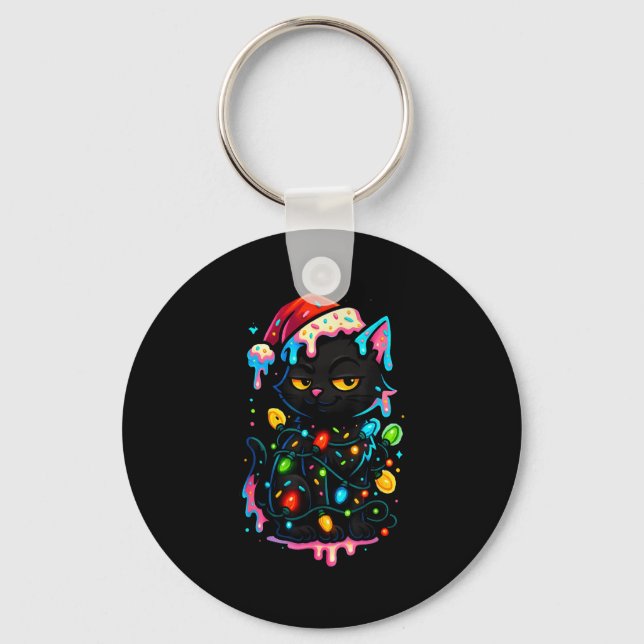 Black Cat Christmas Ice Cream Drip Santa Hat Cute  Schlüsselanhänger (Vorderseite)