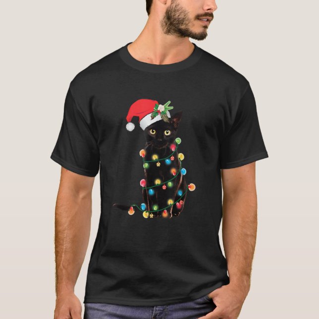 Black Cat Christmas Light Cruise Summer Cat Lover  T-Shirt (Vorderseite)