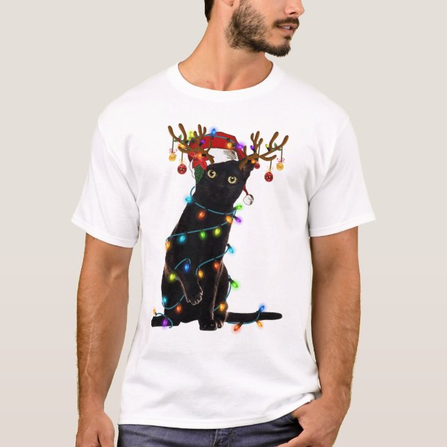 Black Cat Christmas Light Funny Cat Lover Xmas T-Shirt (Vorderseite)