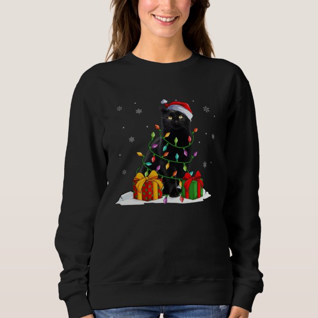 Black Cat Christmas Light  Santa Hat Cat  Xmas Sweatshirt (Vorderseite)