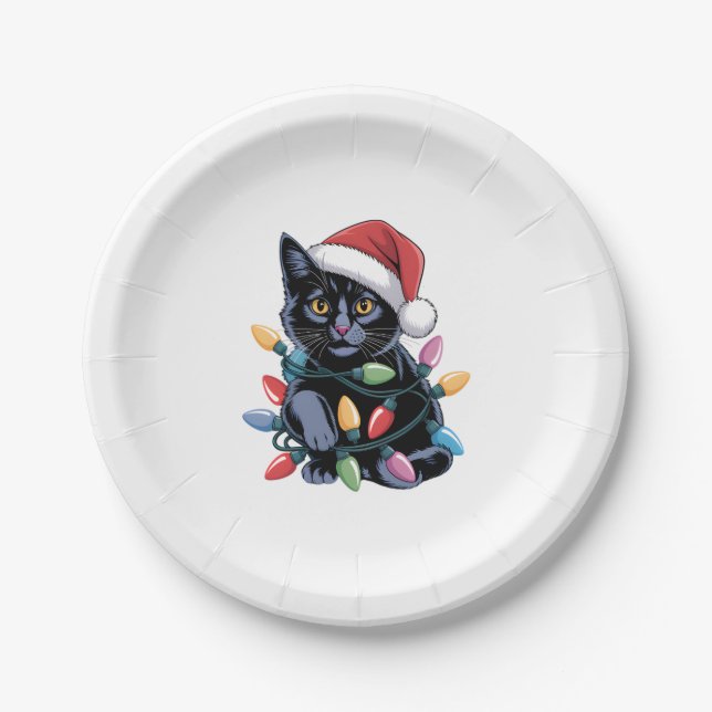 Black Cat Christmas Lights Funny Cat Lover Pappteller (Vorderseite)