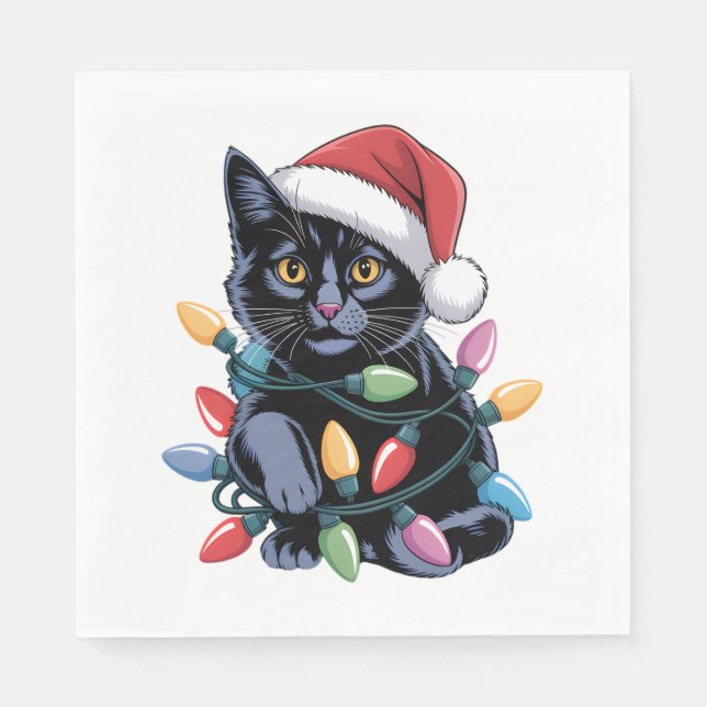 Black Cat Christmas Lights Funny Cat Lover Serviette (Vorderseite)
