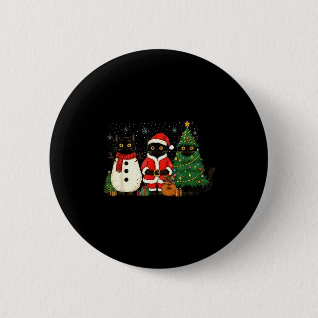 Black Cat Christmas Lights Reindeer Santa Meowy Ca Button (Vorderseite)