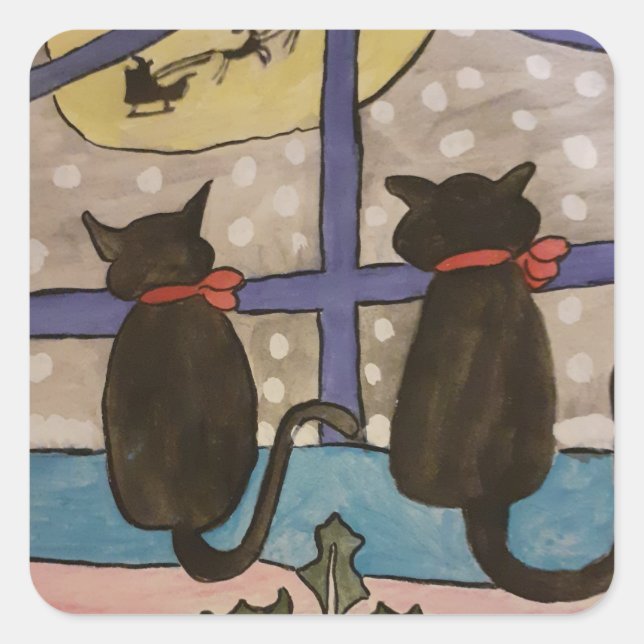 Black Cat Christmas Quadratischer Aufkleber (Vorderseite)