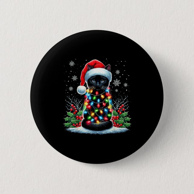 Black Cat Christmas Santa Hat Funny Meowy Cat  Button (Vorderseite)