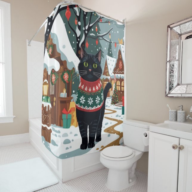 Black Cat Christmas Snow Holiday Duschvorhang (Beispiel)