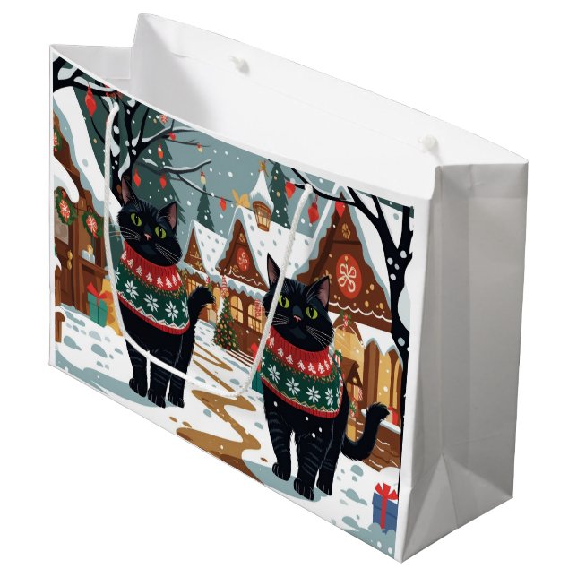 Black Cat Christmas Snow Holiday Große Geschenktüte (Vorderseite Schrägansicht)
