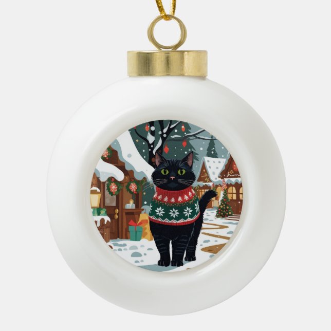 Black Cat Christmas Snow Holiday Keramik Kugel-Ornament (Vorderseite)
