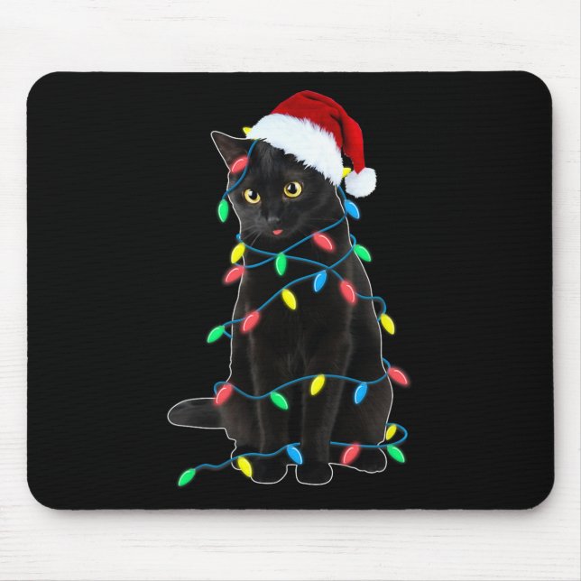 Black Cat Christmas Tree Lights Fun Santa Kitten L Mousepad (Vorne)