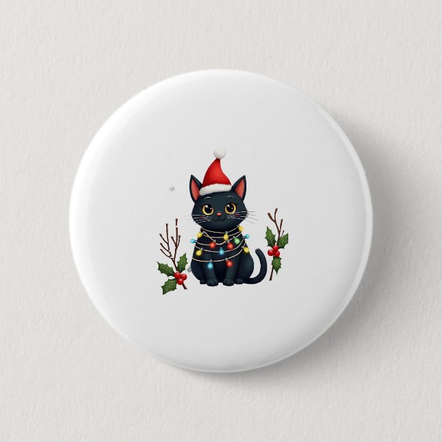 Black Cat Christmas Weihnachtsmannmütze Funny Meow Button (Vorderseite)