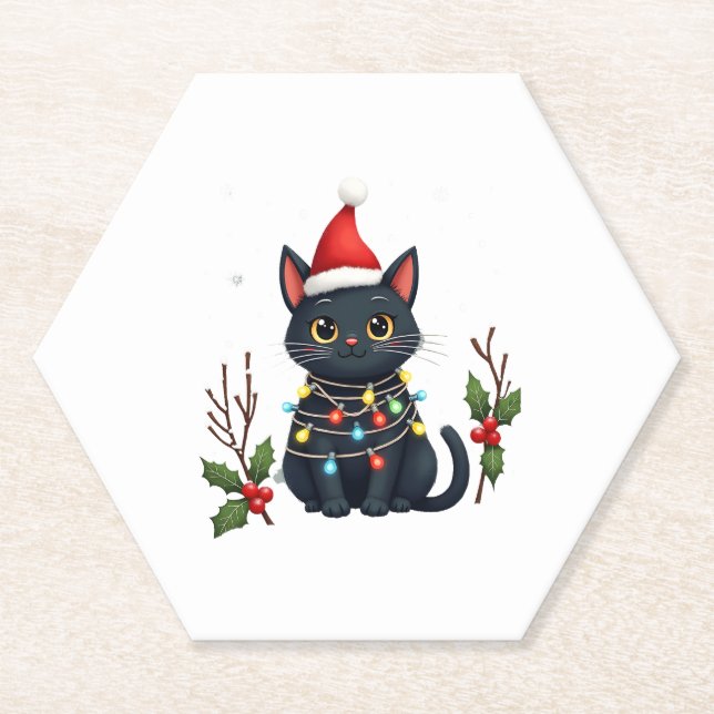 Black Cat Christmas Weihnachtsmannmütze Funny Meow Untersetzer (Vorderseite)