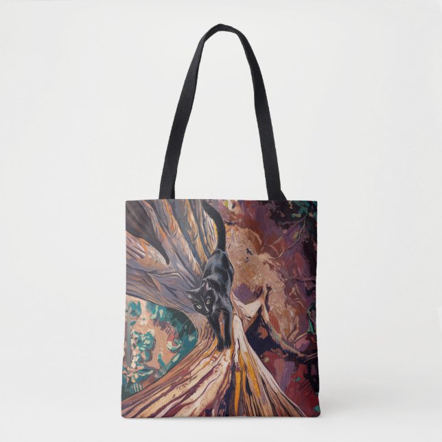 Black Cat Climbing Tree Design Tote Bag Tasche (Vorderseite)