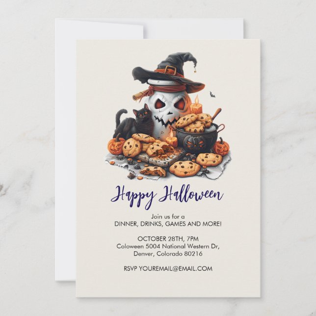 Black Cat, Cookies und Spooky White Jar, Halloween Einladung (Vorderseite)