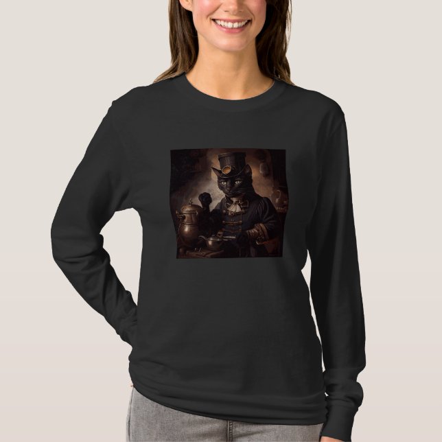 Black Cat Cooking Steampunk T-Shirt (Vorderseite)