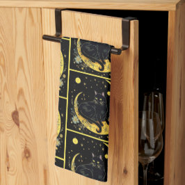 Black Cat Crescent Moon Floral Gold Halloween Geschirrtuch