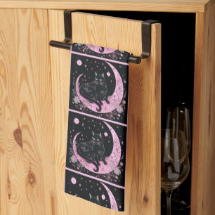 Black Cat Crescent Moon Floral Pink Halloween Geschirrtuch