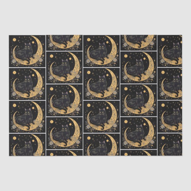 Black Cat Crescent Moon Floral White Halloween Seidenpapier (Vorderseite)