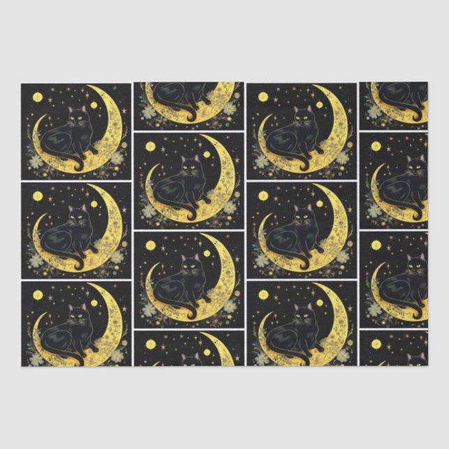 Black Cat Crescent Moon Floral White Halloween Seidenpapier (Vorderseite)