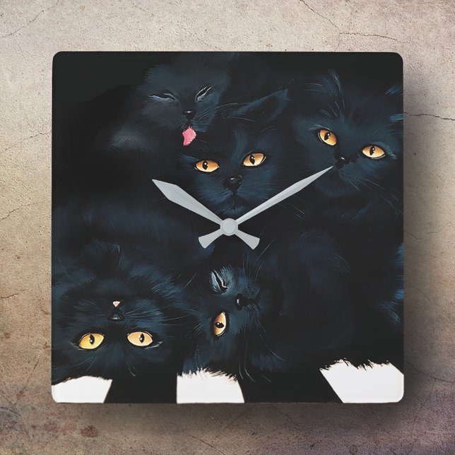 Black Cat Cuddle Quadratische Wanduhr (Von Creator hochgeladen)