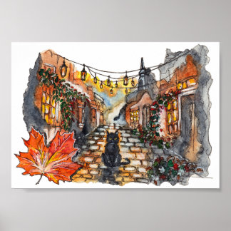 Black Cat Dorfstraße Halloween Aquarell Poster