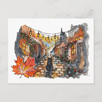 Black Cat Dorfstraße Halloween Aquarell Postkarte