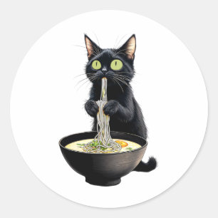 Black Cat Eating Ramen Noodles Japanisches Essen Runder Aufkleber