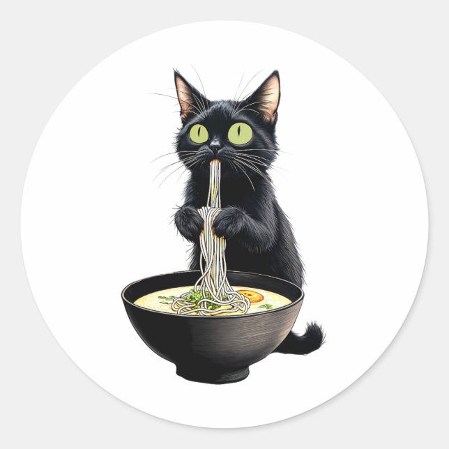 Black Cat Eating Ramen Noodles Japanisches Essen Runder Aufkleber (Vorderseite)