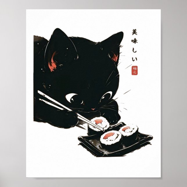 Black Cat Eating Sushi - Katze Japanisch Kunst Poster (Vorne)