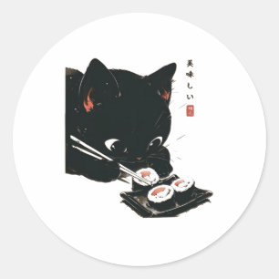 Black Cat Eating Sushi - Katze Japanisch Kunst Runder Aufkleber