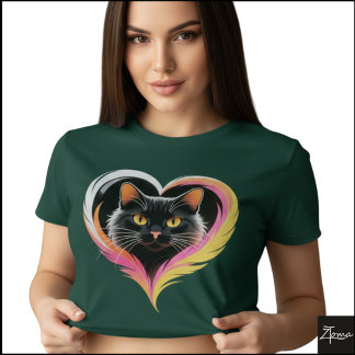 Black Cat Feather Heart Neon Pop Art T-Shirt
