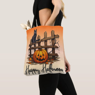 Black Cat Fence Jack O' Lantern Orange Halloween Tasche