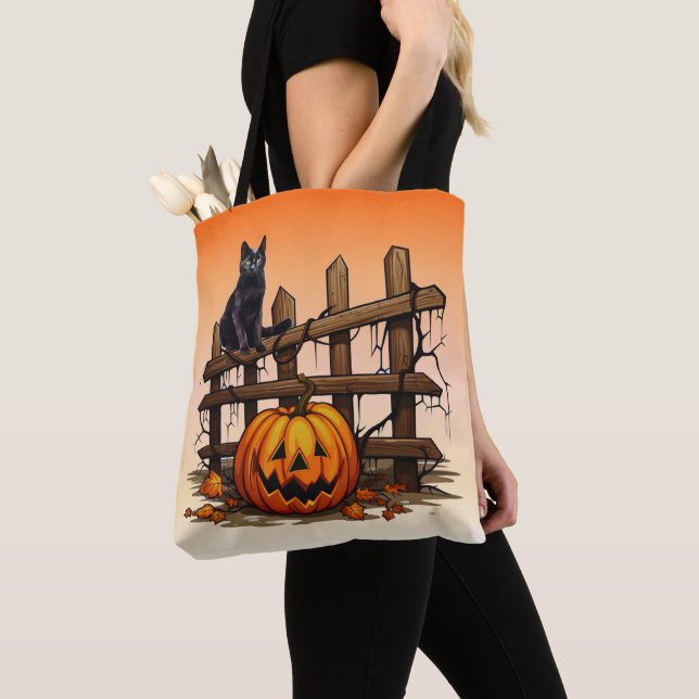 Black Cat Fence Jack O' Lantern Orange Halloween Tasche (Von Nahem)