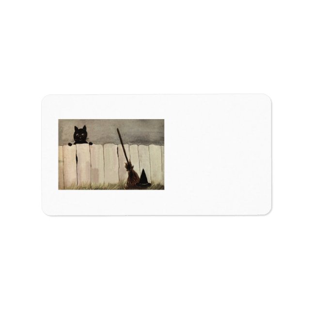 Black Cat Fence Witch's Broom Hat Adressaufkleber (Vorne)