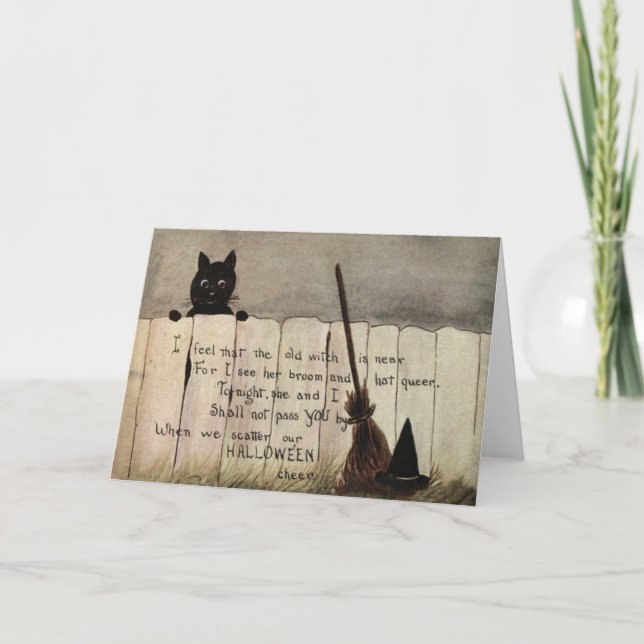 Black Cat Fence Witch's Broom Hat Karte (Vorderseite)