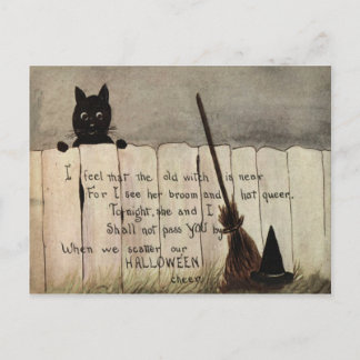 Black Cat Fence Witch's Broom Hat Postkarte